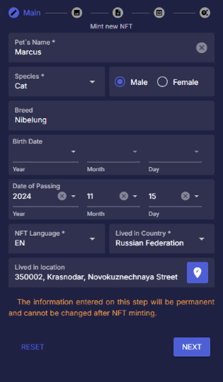 Providing Pet’s core details